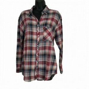 Community Plaid Button Down  Cotton Linen Blend Shirt Size S